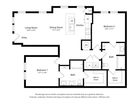 Floor plan for 2 beds, 2 baths, 1180 sqft
